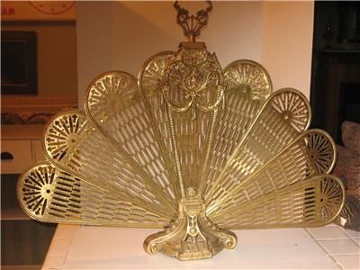 vintage BRASS PEACOCK FIREPLACE SCREEN fan style PRETTY  