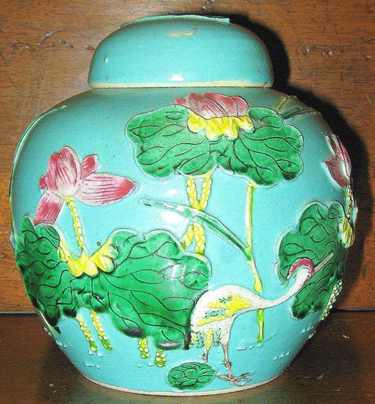 ANTIQUE~TANG SANCAI Chinese Ginger Jar w/Lotus & Crane  