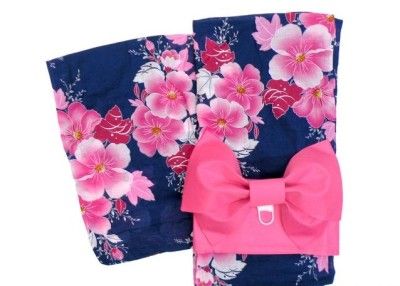 Japanese Blue YUKATA Pre tied OBI set Pink & Red Flower  