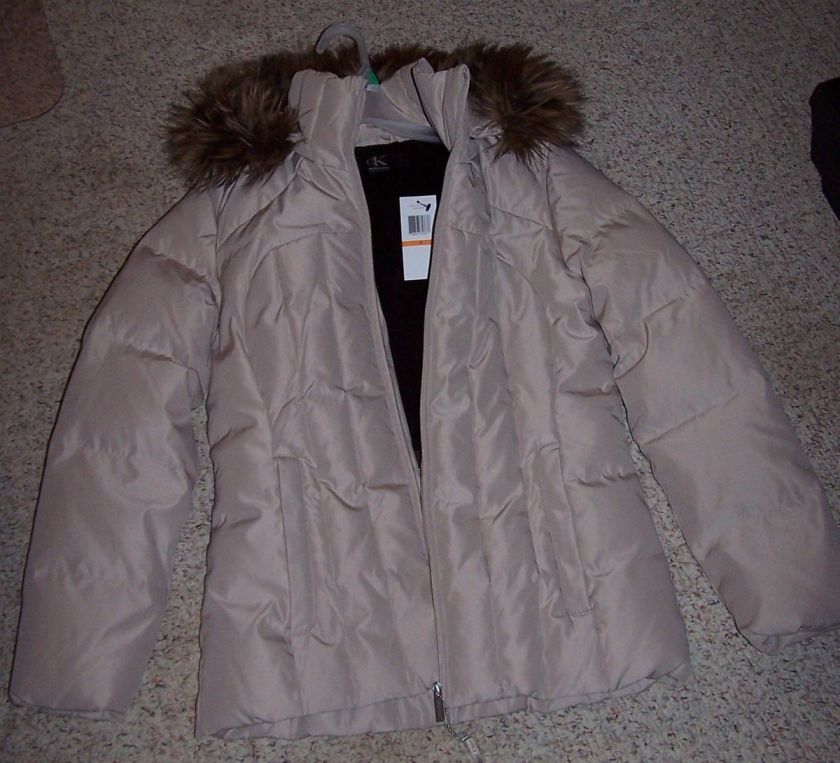 CALVIN KLEIN Faux Fur Puffer Down Jacket Coat Flax Rmvble Hood Womens 