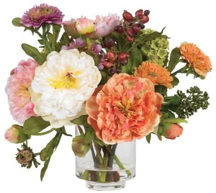 NEARLY NATURAL 10 Peony Silk Arrangement w/ Liquid Illusion Vase 