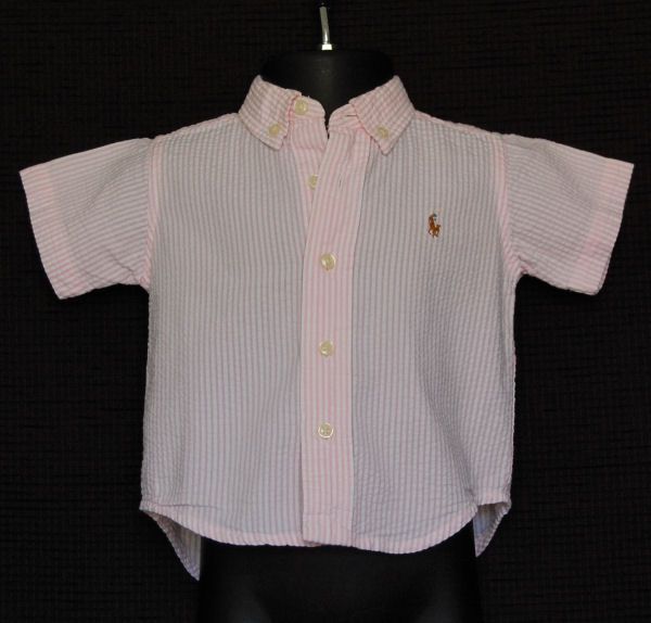 Ralph Lauren Baby Boy Pink Striped Seersucker Button Up Shirt size 9M 
