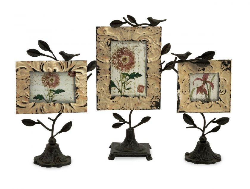 ST/3 SHABBY COTTAGE CHIC STANDING PHOTO FRAMES W/BIRDS  