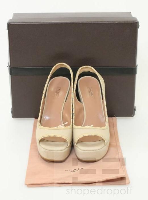 Azzedine Alaia Natural Canvas Open Toe Slingback Wedge Heels Size 40 