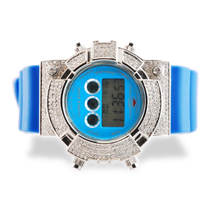 Super Iced out Frogman Shock Watch Blue with White stones and case.