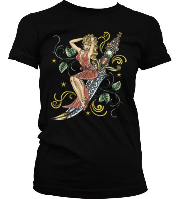 Pin Up And Dagger Girl On Knife Tattoo Girls T shirt  