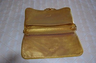 Auth Tory Burch Gold Leather Clutch Bag Gold Chain Purse Crossbody 