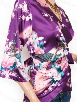 Peacock Floral Kimono Satin Wrap Blouse Shirt Top S M L  