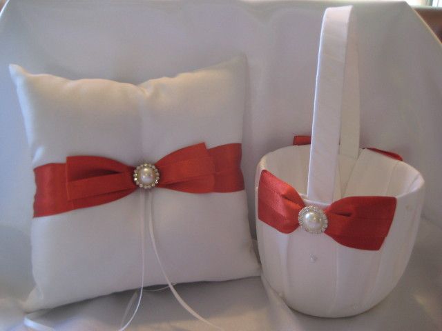   WHITE PERSIMMON RING BEARER PILLOW & FLOWER GIRL BASKET SET  