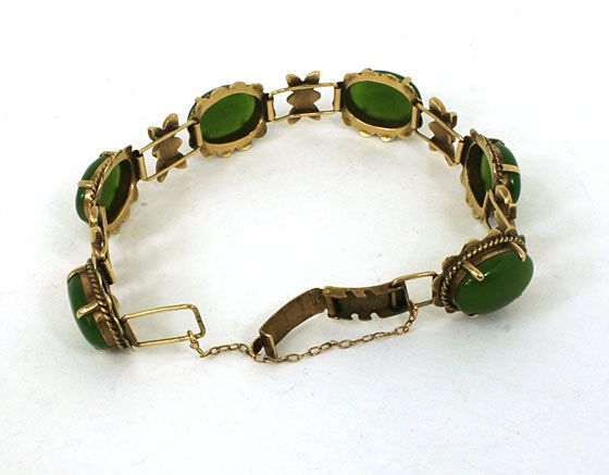 STYLISH VINTAGE 10K GOLD & JADE LADIES FLORAL BRACELET  