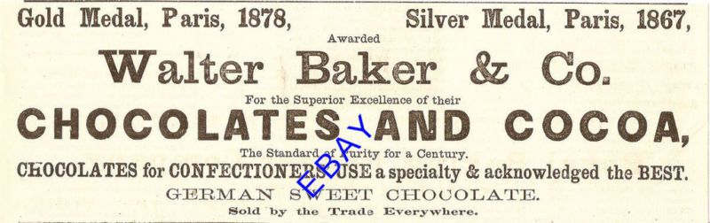 1880 WALTER BAKER GERMAN SWEET CHOCOLATE & COCOA AD  