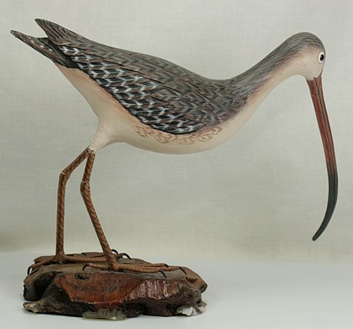   CARVED WOOD LONG BILLED CURLEW WATER BIRD FIGURINE ON DRIFTWOOD BASE