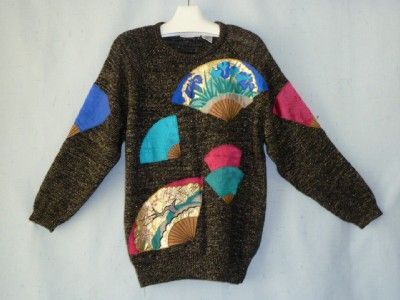   Plus Art to Wear Asian Fans Tunic Sweater~2X~Blk/Met Gold  