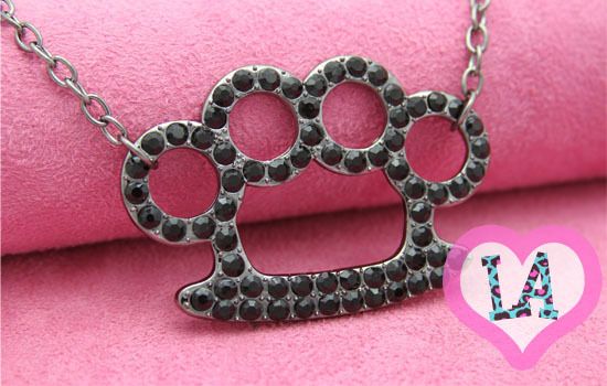 LA LARGE GUN METAL BLACK CRYSTAL BRASS KNUCKLE NECKLACE  