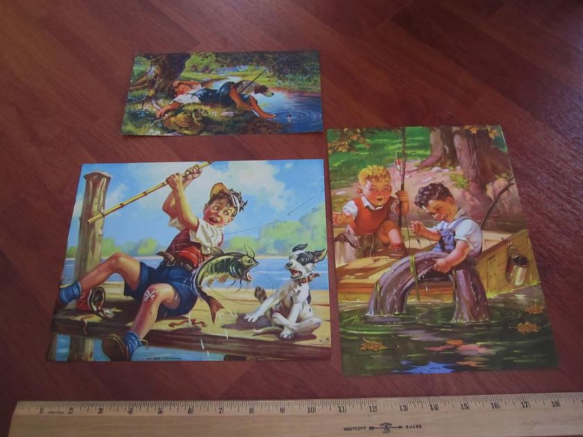 SUPER Lot 3 Orig Litho Prints 1930s Boys FISHING Signed  