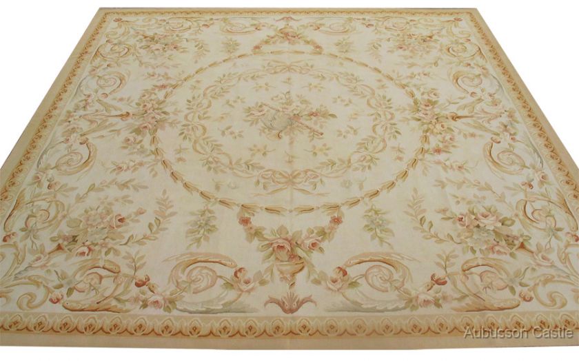 10X10 SQUARE Aubusson Rug ANTIQUE FRENCH PASTEL  FLAT 