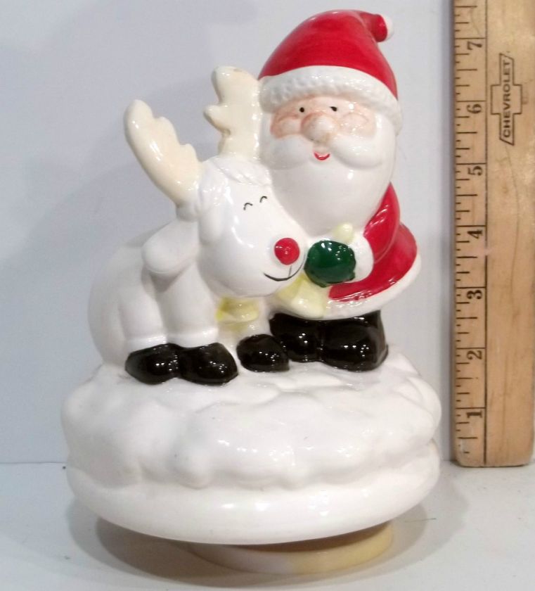 VINTAGE CHRISTMAS PORCELAIN SANTA RUDOLPH REINDEER MUSIC BOX PLAYS RED 