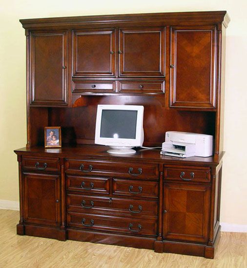 Large Dark Cherry Computer Credenza & Hutch Bookcase  