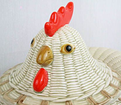 Vtg Ceramic WOVEN BASKET HEN Nest COOKIE JAR OMC Japan  