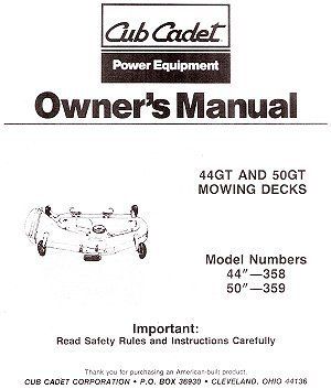 Cub Cadet 44GT and 50GT Rotary Mower MOWING DECKS Owners Operators 