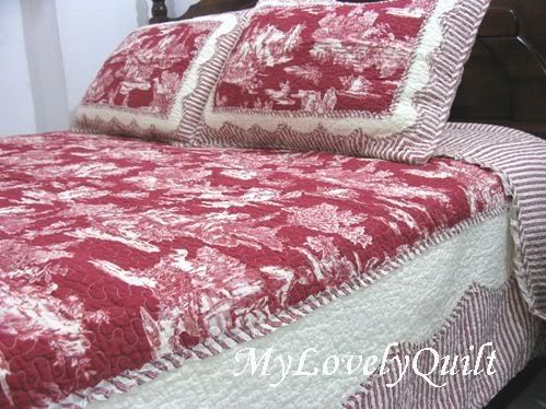   TOILE Ruffled Country Patchwork BEDSPREAD Quilt 3pc Set QUEEN  