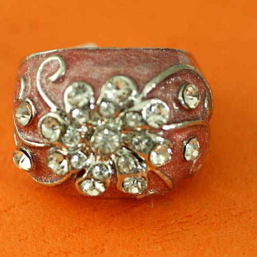   Size 8 Pink Enamel 18K White GP Wedding Diamante Zircon CZ Floral Ring