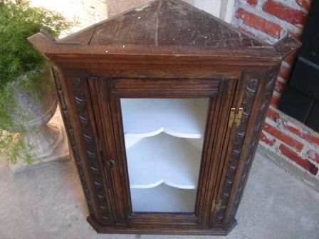   Victorian English CARVED Oak Corner Wall Cabinet Shelf Glass Door