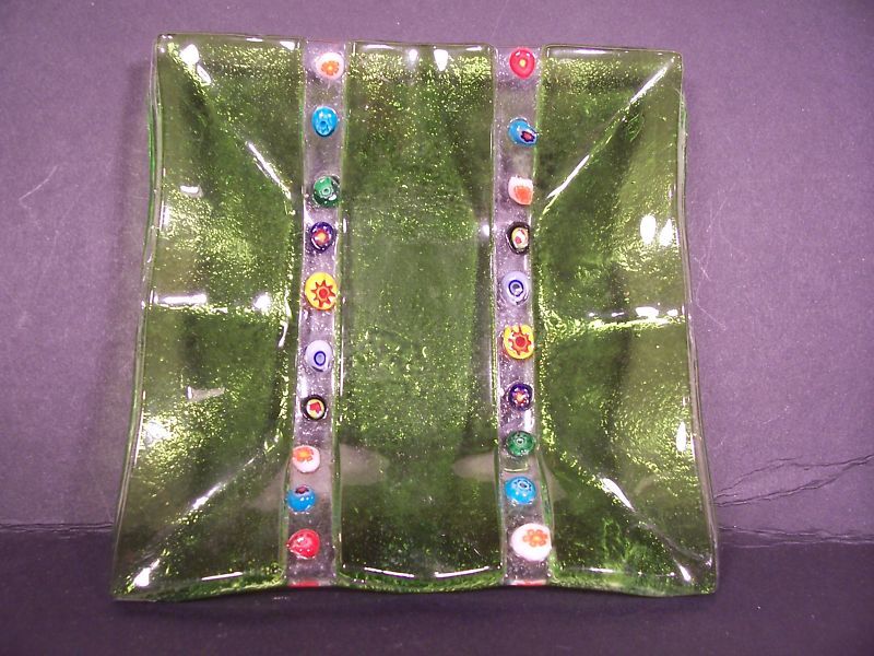 FUSED GLASS PLATE   3 D DESIGN   HANDCRAFTED 4 5/8 SQ.  