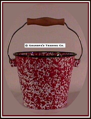 RED & WHITE Enamelware Pail Bucket NEW w Wood Handle  