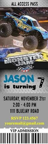 Grave Digger Monster Trucks Jam Truck Birthday Party Ticket 