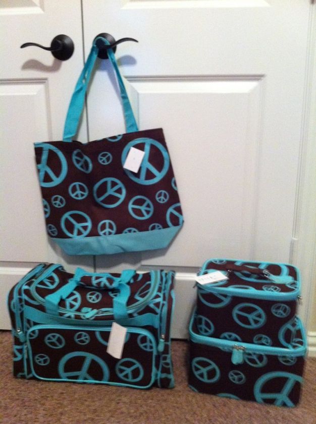 BROWN & TURQUOISE PEACE SIGN 4 PC LUGGAGE SET  