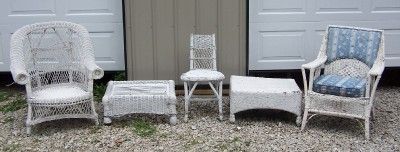 Set of 5 Antique/Vintage WICKER FURNITURE Chairs Tables  