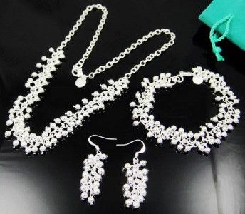 SILVER PLATED BEAD NECKLACE BRACELET EARRING SET S39  