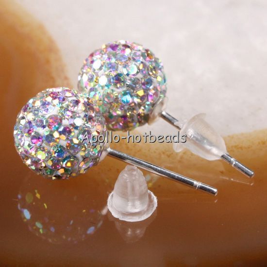   CZECH CRYSTAL DISCO BALL 925 SILVER FASHION STUD EARRINGS 8MM  