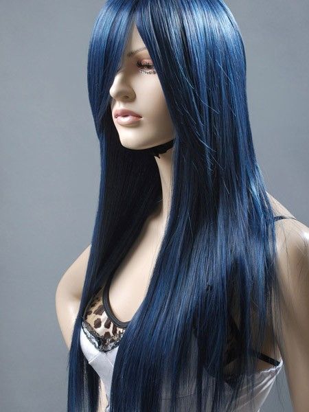 Long Black Blue Straight Animation Cosplay Wig 71cm  