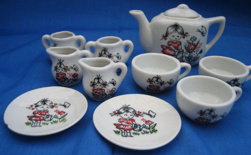   Tea Set Japan Garden Girl Watering Red Blue Flowers SWEET  