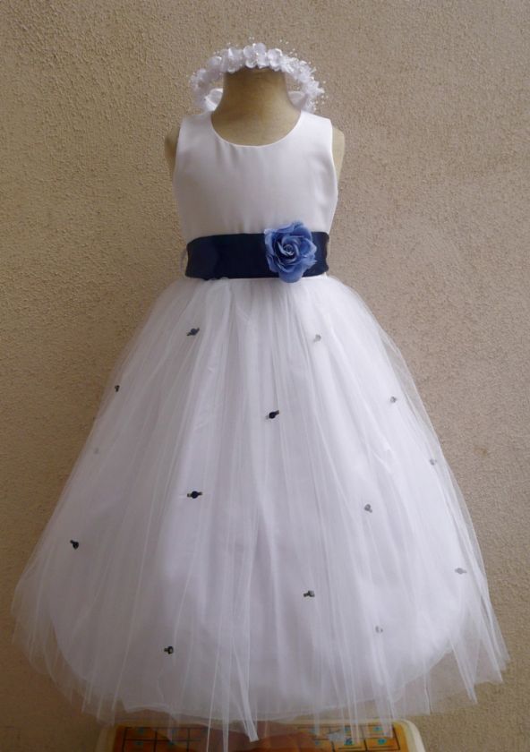 NEW WHITE NAVY BLUE FLOWER GIRL INFANT PARTY DRESSES  