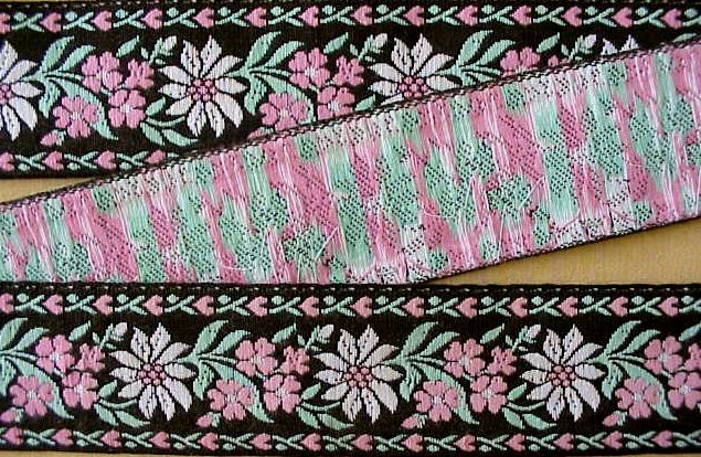 Jacquard, Ribbon Trim. White & Pink Flowers on Black  