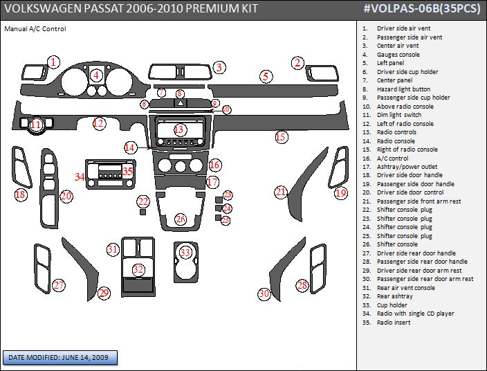 VW PASSAT 2006 2007 2008 2009 WOOD ALUMINUM CARBON DASH TRIM KIT 35 